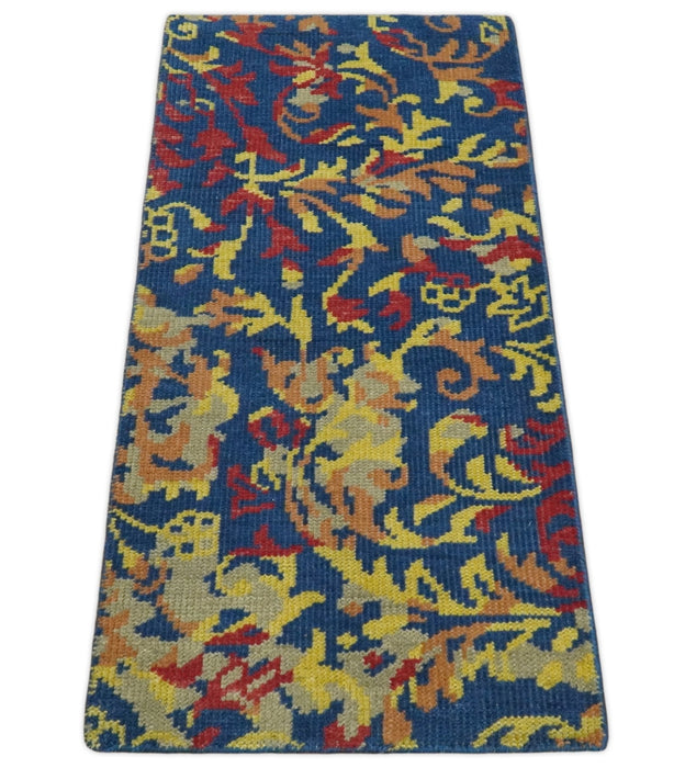 Modern Abstract 2x4 Blue, Red and Gold Hand Knotted Entryway Wool Area Rug | TRD3379124