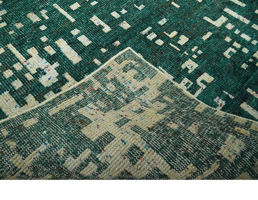 Modern Abstract 5x7.6 Hand Knotted Green and Beige Contemporary Recycled Silk Rug