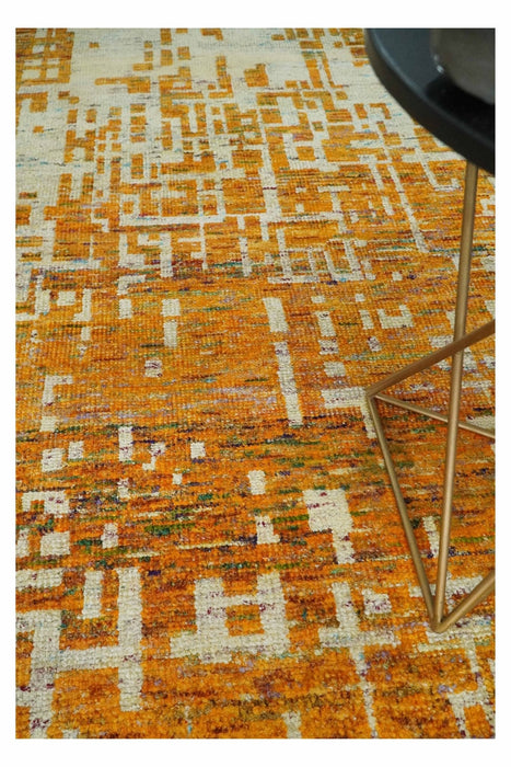 Modern Abstract 6x9 Gold and Ivory Recycled Art Silk Area Rug