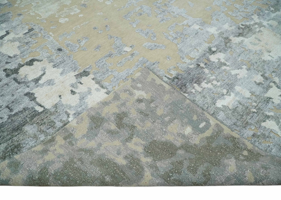 Modern Abstract 8x10 Beige, Ivory and Gray Hand Knotted Bamboo Silk and Wool Area Rug