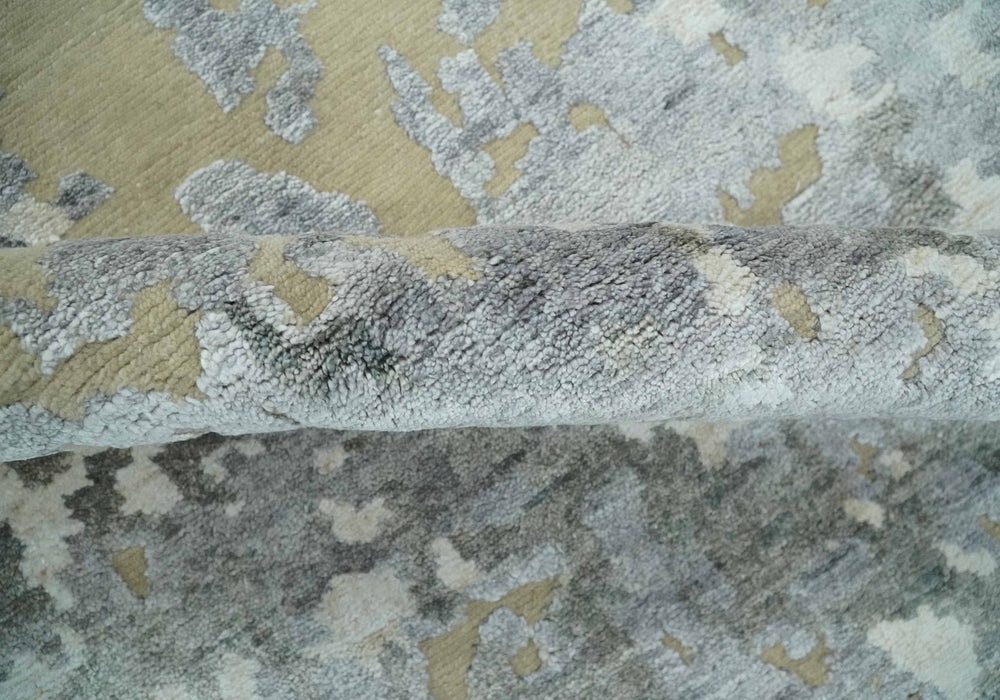 Modern Abstract 8x10 Beige, Ivory and Gray Hand Knotted Bamboo Silk and Wool Area Rug