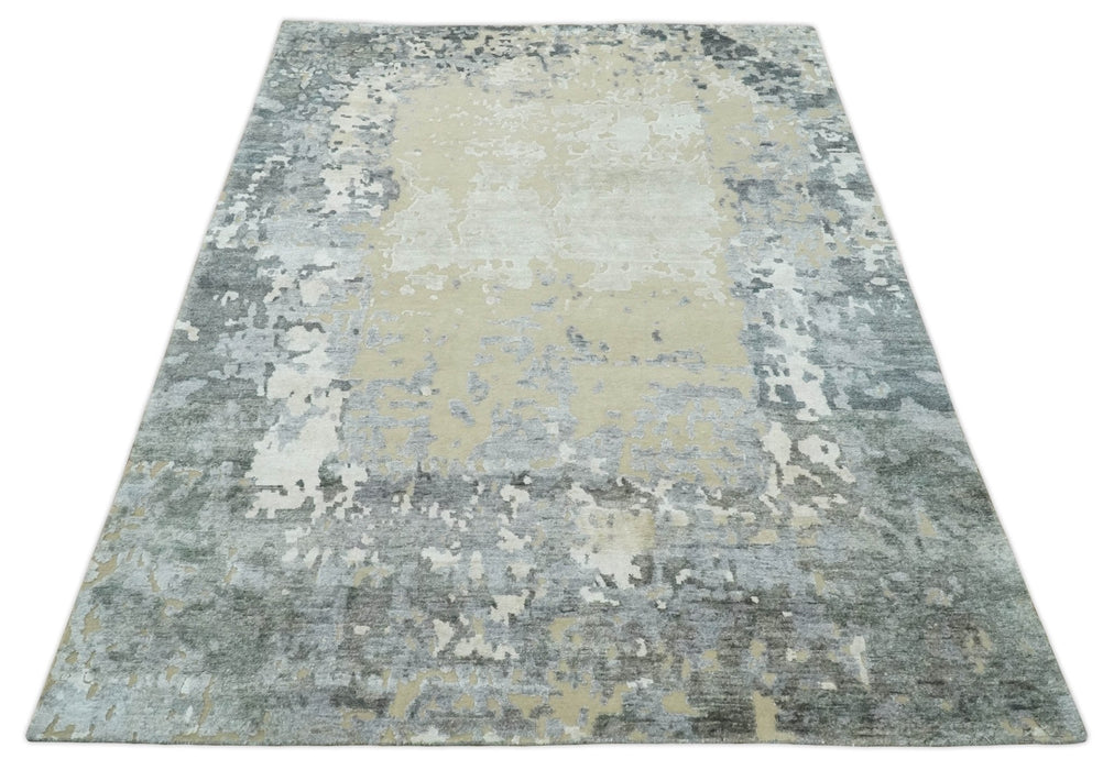Modern Abstract 8x10 Beige, Ivory and Gray Hand Knotted Bamboo Silk and Wool Area Rug