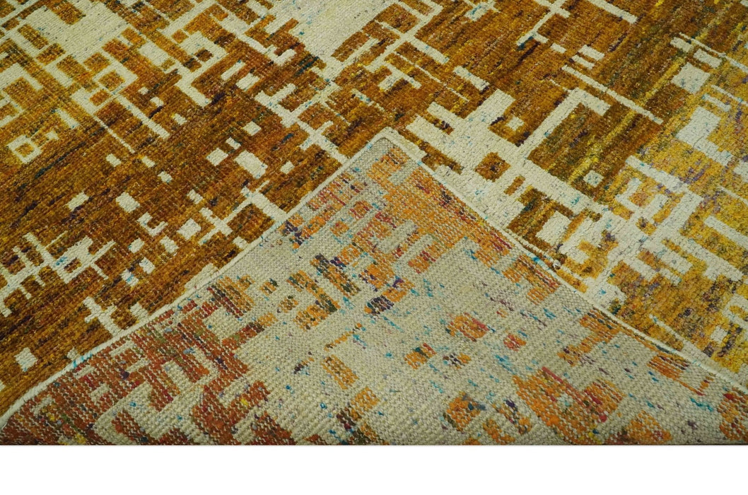 Modern Abstract 8x10 Gold, Rust and Ivory Hand Knotted Recycled Art Silk Rug