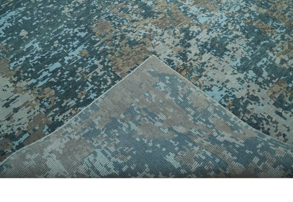 Modern Abstract 8x10 Hand Knotted Blue, Silver and Brown Low Pile Wool Rug | AC33810