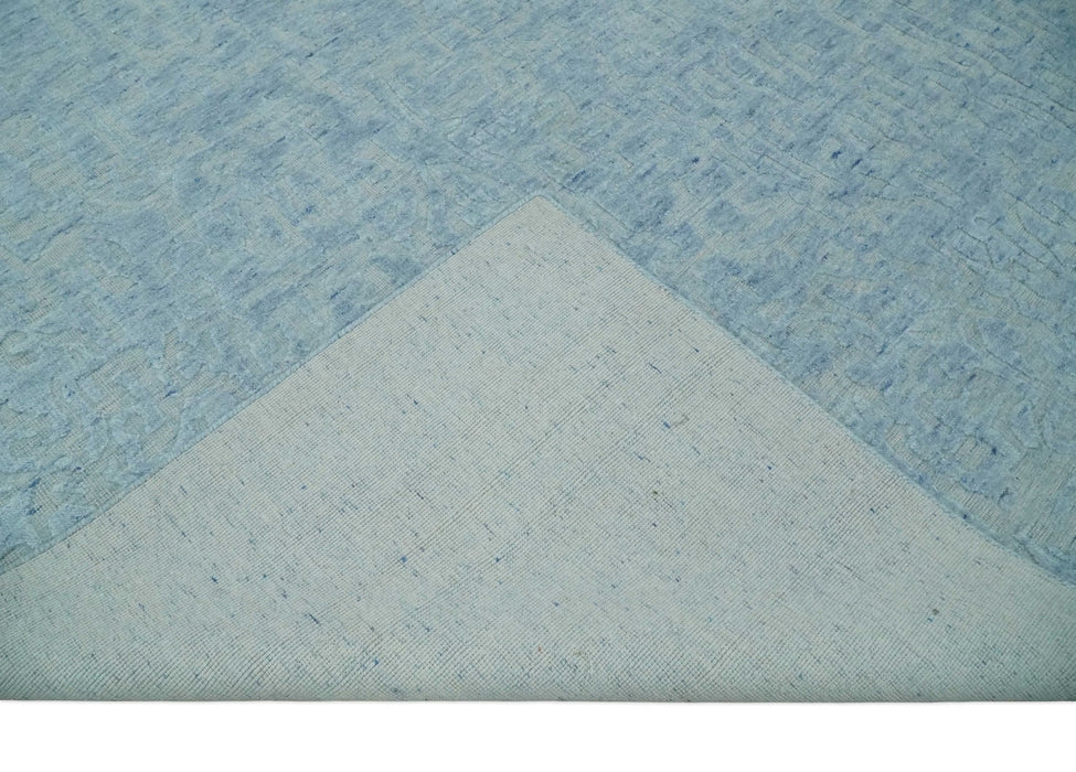Modern Abstract 8x10 Hand Loomed Silver and Aqua High Low Pile Blended Wool Rug