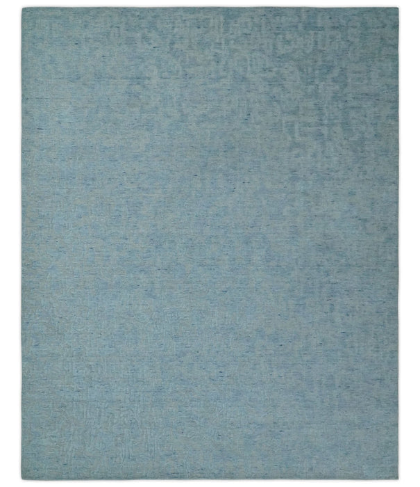 Modern Abstract 8x10 Hand Loomed Silver and Aqua High Low Pile Blended Wool Rug