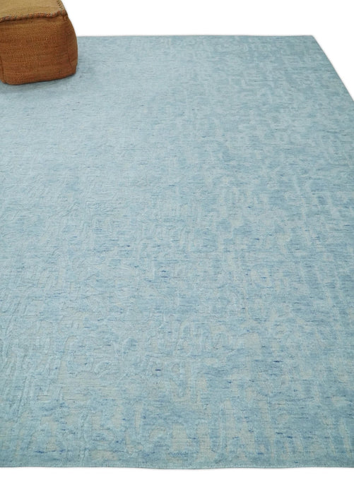 Modern Abstract 8x10 Hand Loomed Silver and Aqua High Low Pile Blended Wool Rug