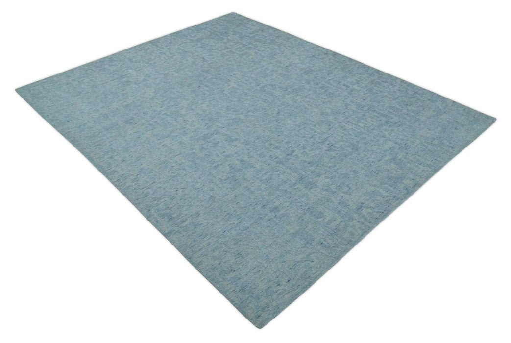 Modern Abstract 8x10 Hand Loomed Silver and Aqua High Low Pile Blended Wool Rug