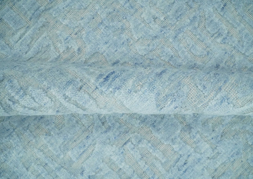 Modern Abstract 8x10 Hand Loomed Silver and Aqua High Low Pile Blended Wool Rug