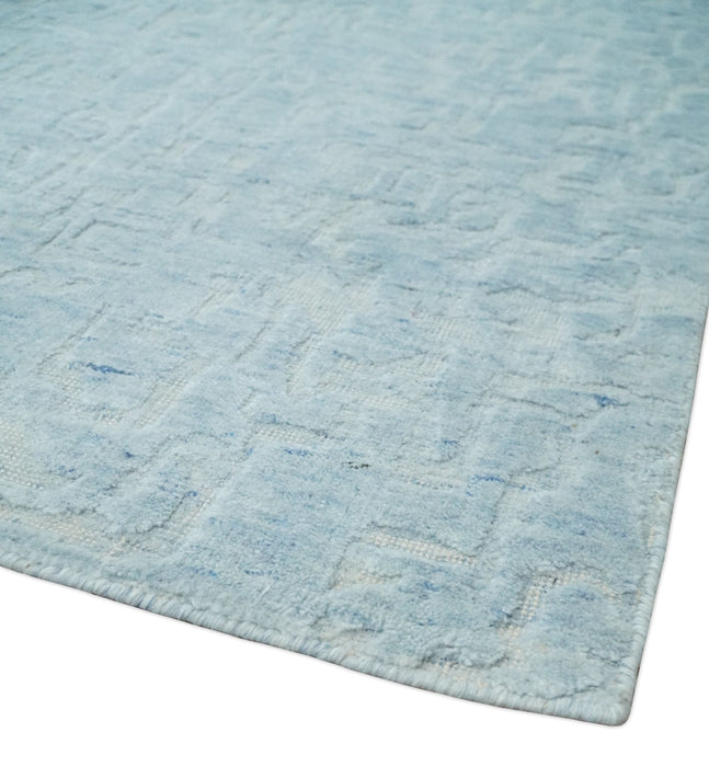 Modern Abstract 8x10 Hand Loomed Silver and Aqua High Low Pile Blended Wool Rug