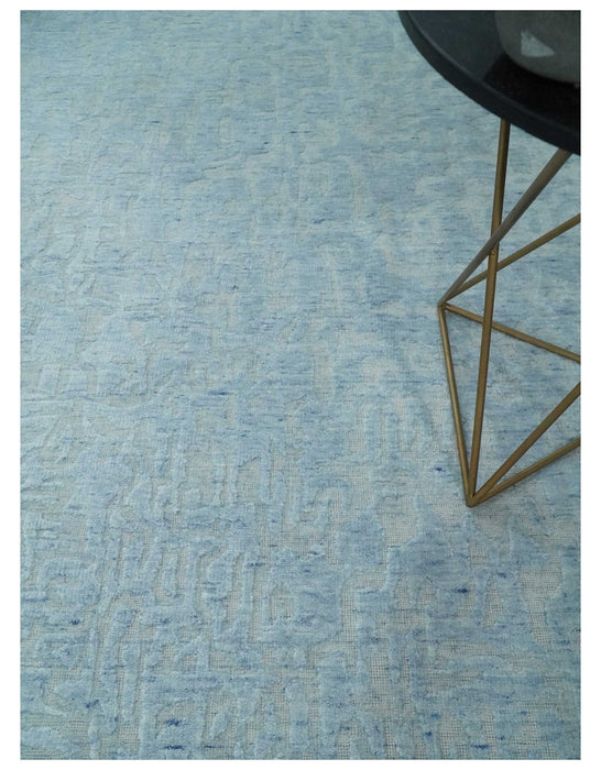 Modern Abstract 8x10 Hand Loomed Silver and Aqua High Low Pile Blended Wool Rug