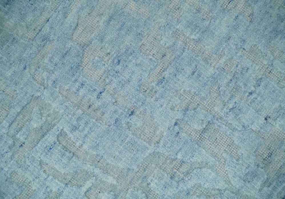 Modern Abstract 8x10 Hand Loomed Silver and Aqua High Low Pile Blended Wool Rug
