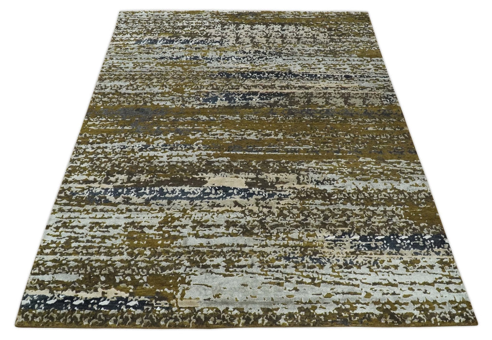Modern Abstract 8x10 Ivory, Olive and Dark Blue Hand Knotted Bamboo Silk Area Rug