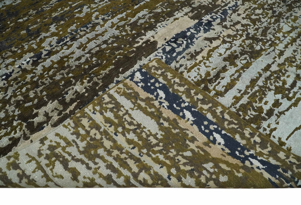 Modern Abstract 8x10 Ivory, Olive and Dark Blue Hand Knotted Bamboo Silk Area Rug