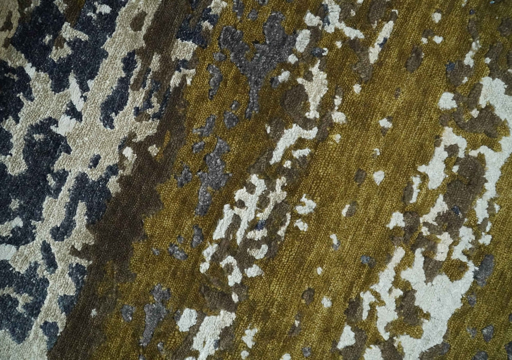 Modern Abstract 8x10 Ivory, Olive and Dark Blue Hand Knotted Bamboo Silk Area Rug