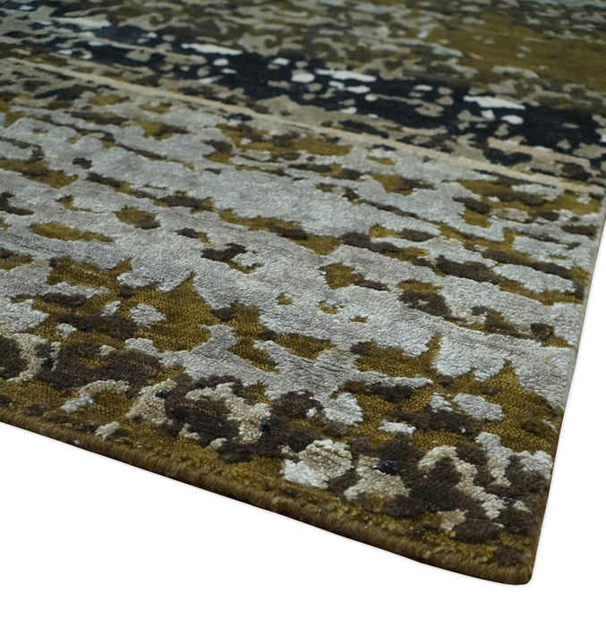 Modern Abstract 8x10 Ivory, Olive and Dark Blue Hand Knotted Bamboo Silk Area Rug