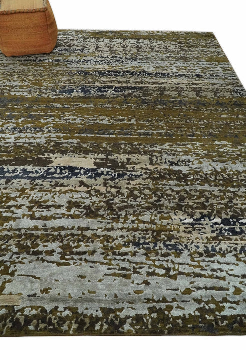 Modern Abstract 8x10 Ivory, Olive and Dark Blue Hand Knotted Bamboo Silk Area Rug