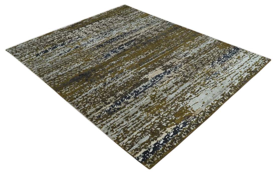 Modern Abstract 8x10 Ivory, Olive and Dark Blue Hand Knotted Bamboo Silk Area Rug