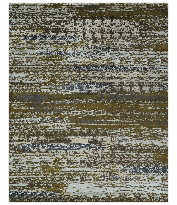 Modern Abstract 8x10 Ivory, Olive and Dark Blue Hand Knotted Bamboo Silk Area Rug