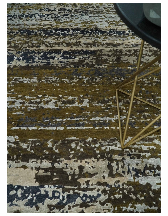 Modern Abstract 8x10 Ivory, Olive and Dark Blue Hand Knotted Bamboo Silk Area Rug