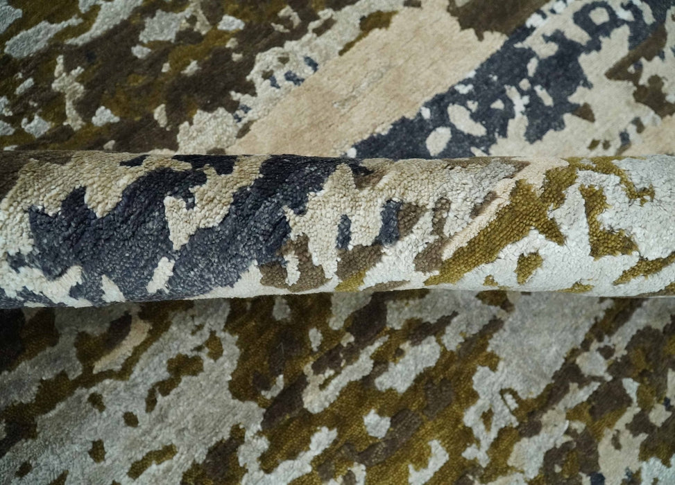 Modern Abstract 8x10 Ivory, Olive and Dark Blue Hand Knotted Bamboo Silk Area Rug