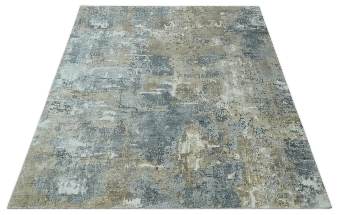 Modern Abstract  8x10 Silver, Charcoal and Olive Hand Loomed Blended wool and Art silk Area Rug