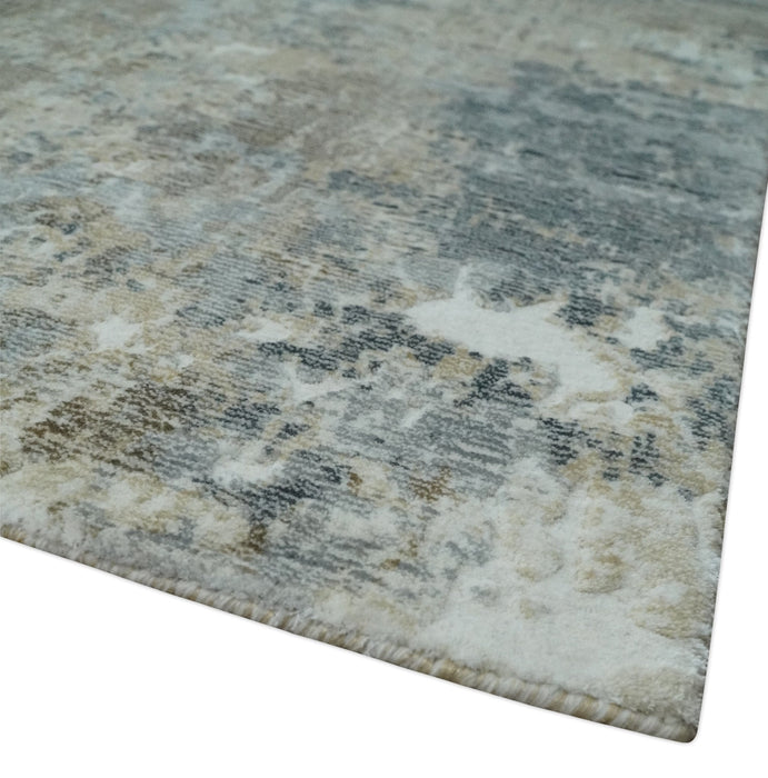 Modern Abstract  8x10 Silver, Charcoal and Olive Hand Loomed Blended wool and Art silk Area Rug