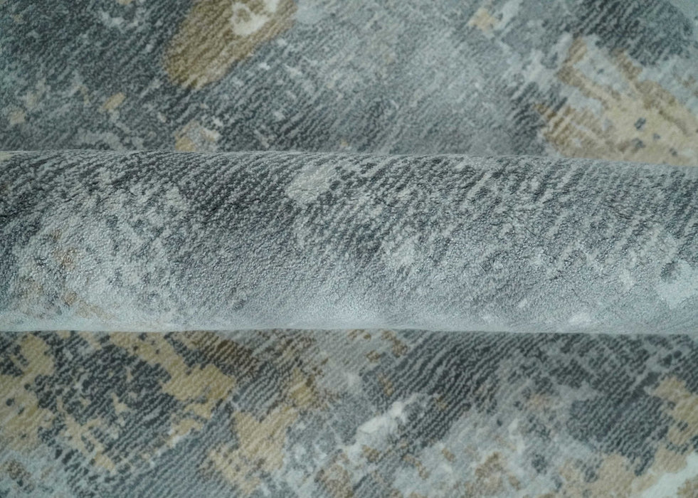 Modern Abstract  8x10 Silver, Charcoal and Olive Hand Loomed Blended wool and Art silk Area Rug