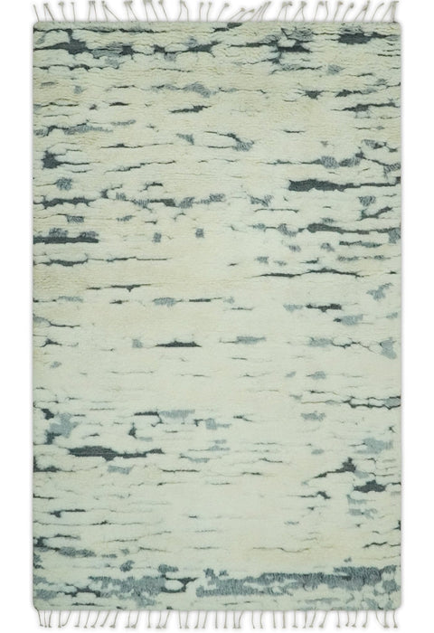 Modern Abstract Beige and Gray Hand Knotted Moroccan Style Plush Pile 5x8 wool Rug