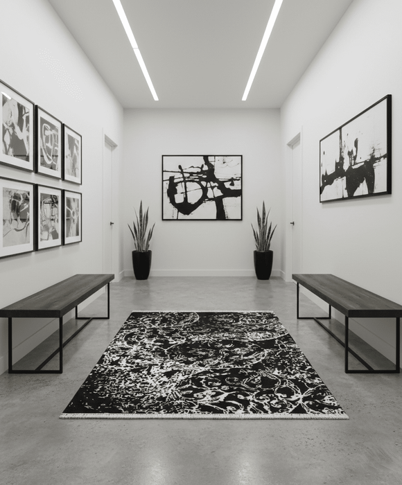 Modern Abstract Black and Silver Hand Knotted 6x9 Wool and Bamboo silk Area Rug