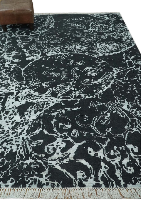 Modern Abstract Black and Silver Hand Knotted 6x9 Wool and Bamboo silk Area Rug
