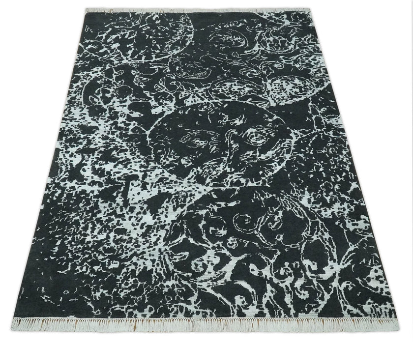 Modern Abstract Black and Silver Hand Knotted 6x9 Wool and Bamboo silk Area Rug