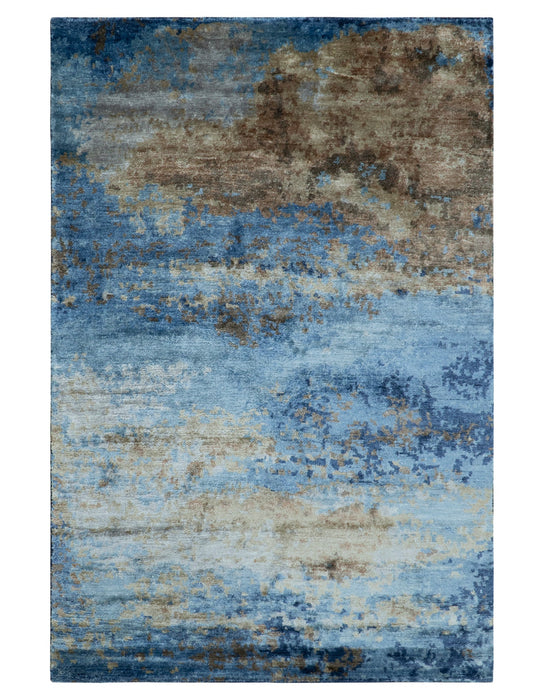 Modern Abstract Blue And Beige 4x6 Hand Knotted Bamboo Silk Rug