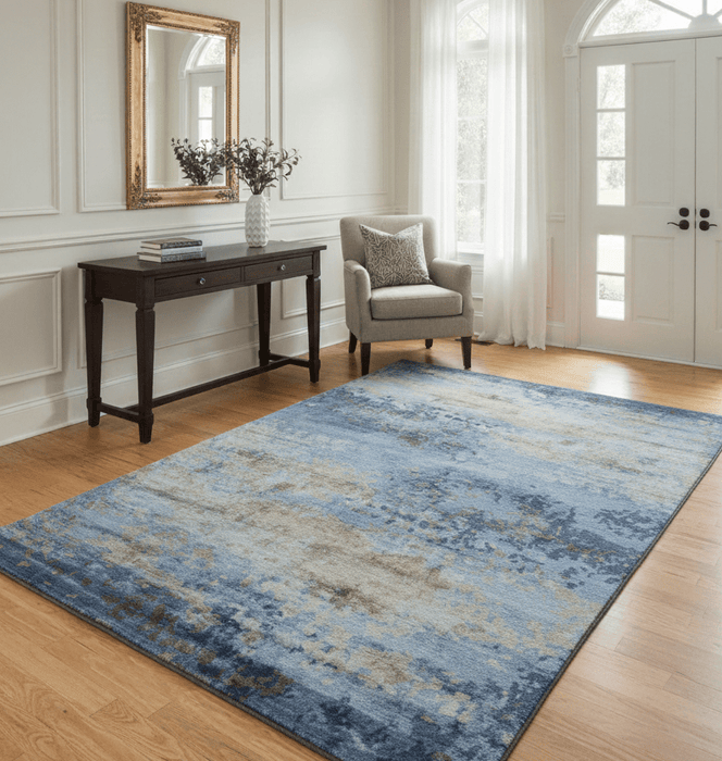 Modern Abstract Blue And Beige 4x6 Hand Knotted Bamboo Silk Rug
