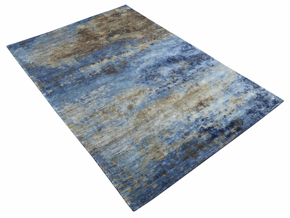 Modern Abstract Blue And Beige 4x6 Hand Knotted Bamboo Silk Rug