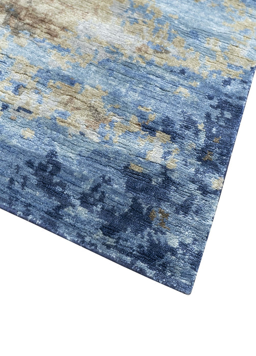 Modern Abstract Blue And Beige 4x6 Hand Knotted Bamboo Silk Rug