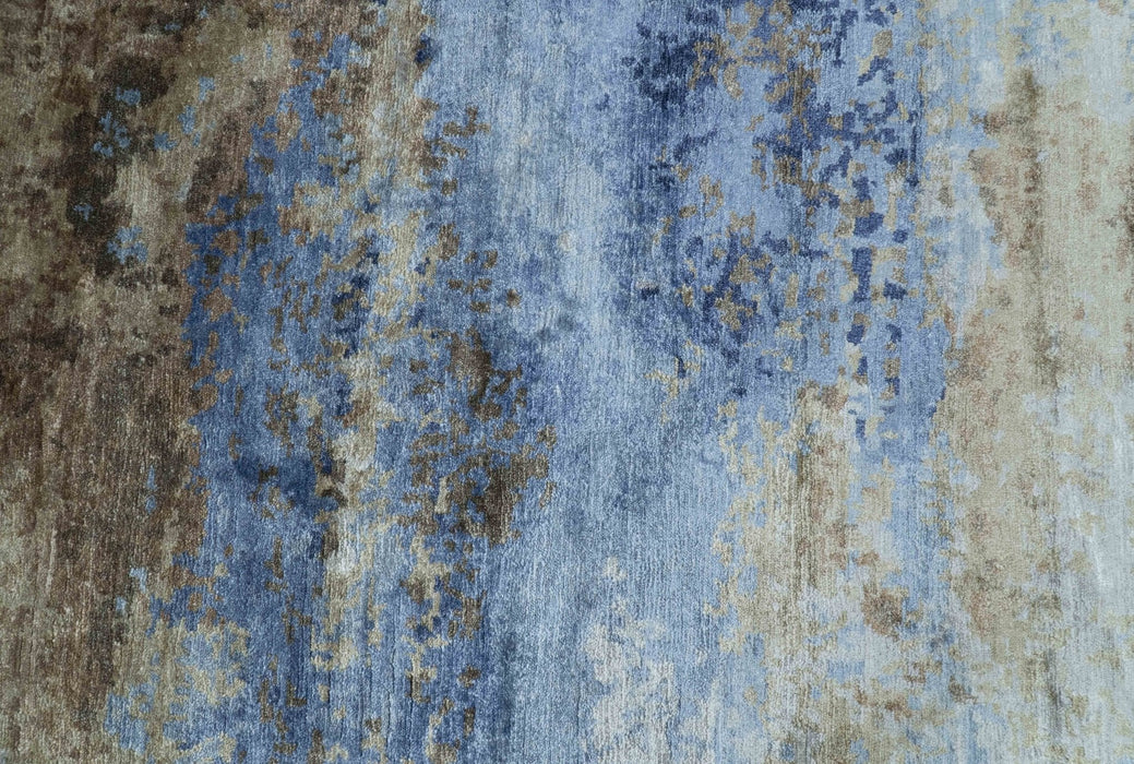 Modern Abstract Blue And Beige 4x6 Hand Knotted Bamboo Silk Rug