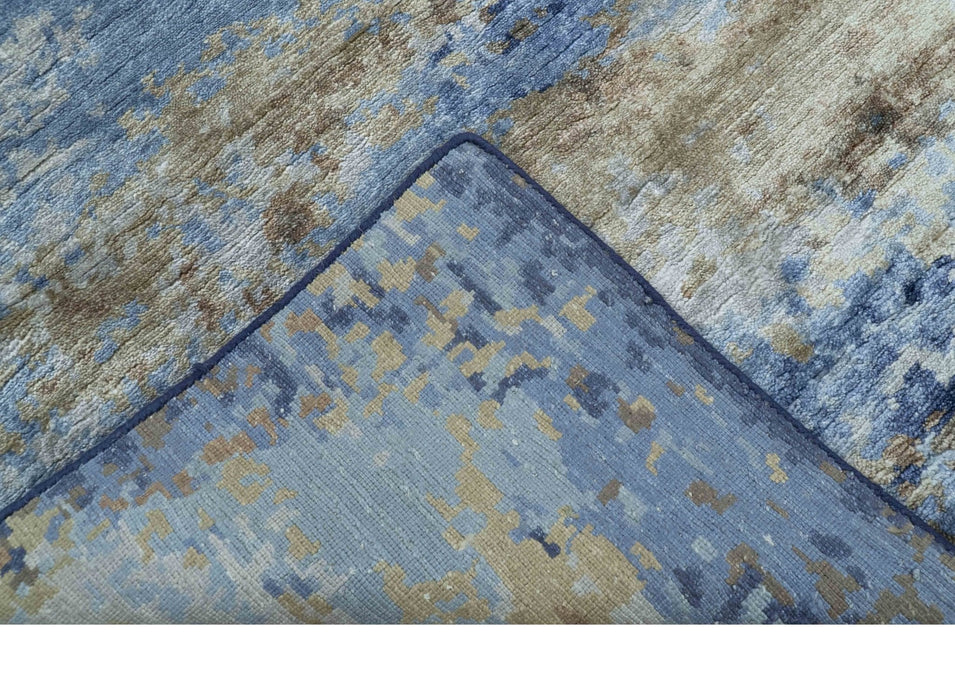 Modern Abstract Blue And Beige 4x6 Hand Knotted Bamboo Silk Rug