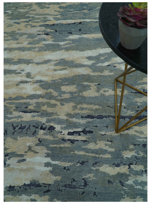 Modern Abstract Blue And Beige Hand Knotted 8x10 Wool And Bamboo Silk Rug