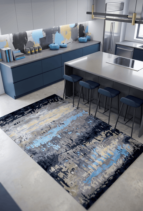 Modern Abstract Blue and Gray Hand Tufted Wool 5x8 Area Rug