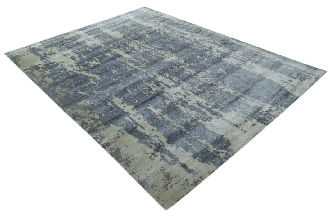 Modern Abstract Blue And Ivory Hand Knotted Wool Area Rug