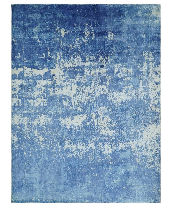 Modern Abstract Blue and Ivory Hand loom 5.6x8 Wool and Viscose Area Rug