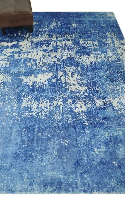 Modern Abstract Blue and Ivory Hand loom 5.6x8 Wool and Viscose Area Rug
