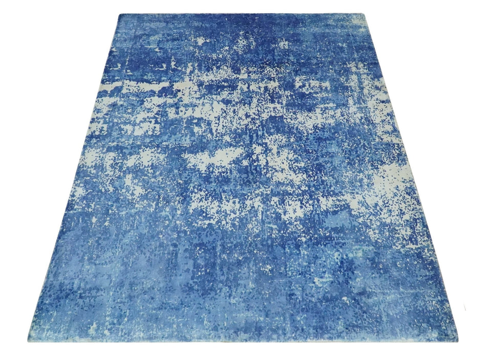 Modern Abstract Blue and Ivory Hand loom 5.6x8 Wool and Viscose Area Rug