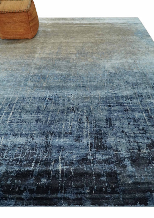 Modern abstract Blue, Aqua and Brown Hand Knotted 8x10 wool and Art silk Area Rug