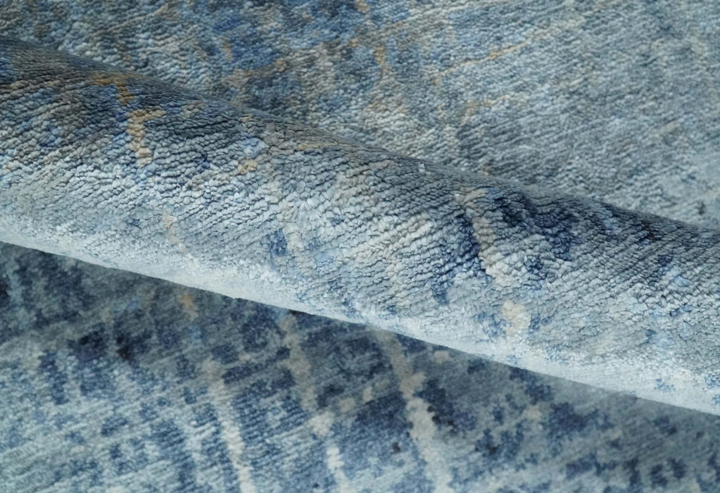 Modern abstract Blue, Aqua and Brown Hand Knotted 8x10 wool and Art silk Area Rug