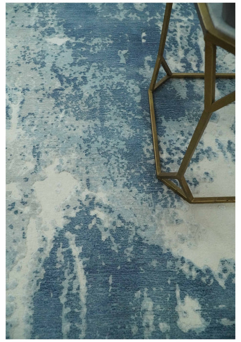 Modern Abstract blue, Ivory and Silver 4x6 Hand Knotted wool Area Rug