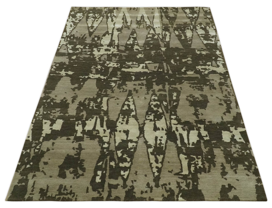 Modern Abstract Brownish - Green and Ivory Hand loom 6x9 wool and Art Silk Area Rug
