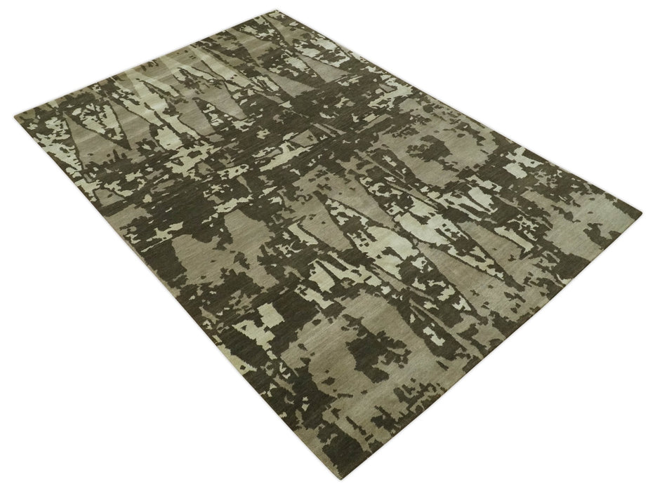Modern Abstract Brownish - Green and Ivory Hand loom 6x9 wool and Art Silk Area Rug