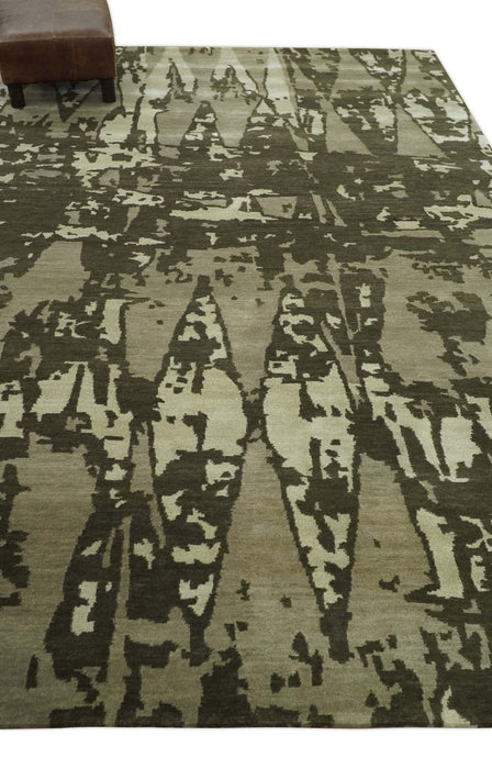 Modern Abstract Brownish - Green and Ivory Hand loom 6x9 wool and Art Silk Area Rug